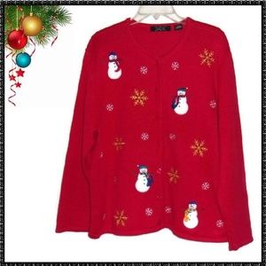 Ugly CHRISTMAS Sweater L Snowmen BUTTON CARDIGAN